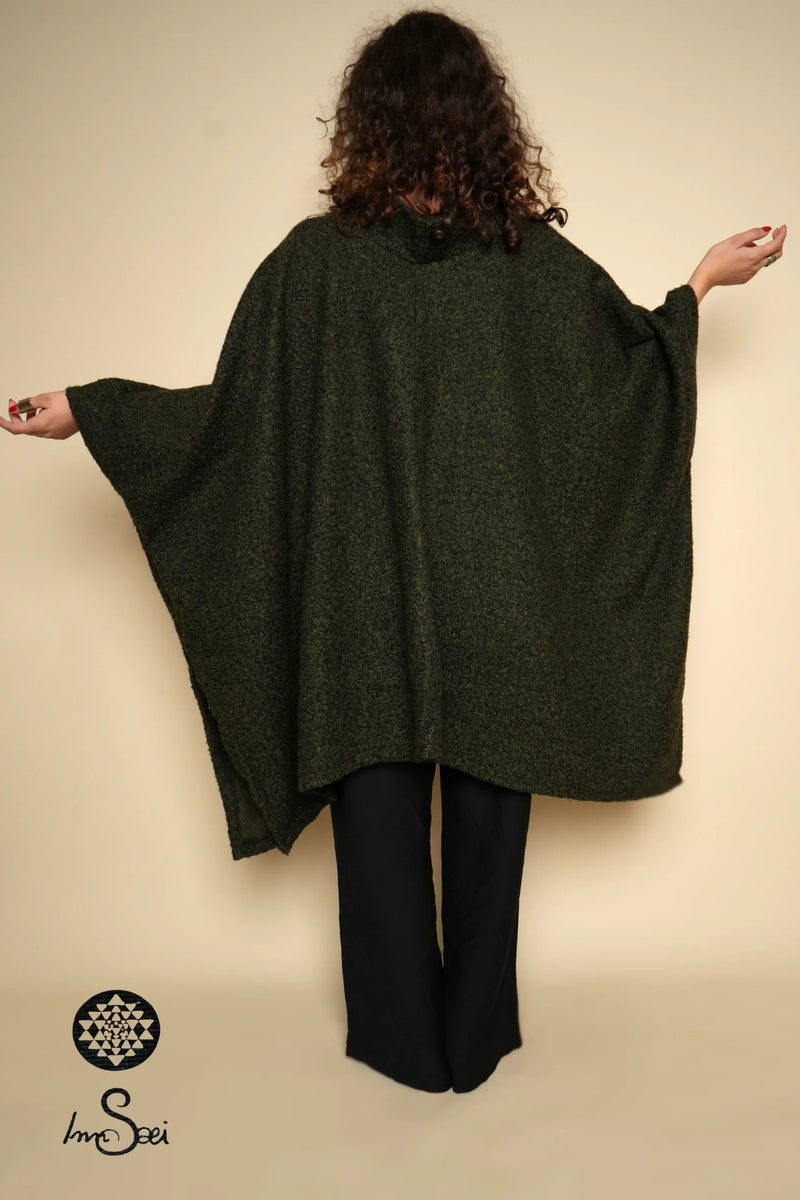 Olive High Neck Pure Cotton Poncho