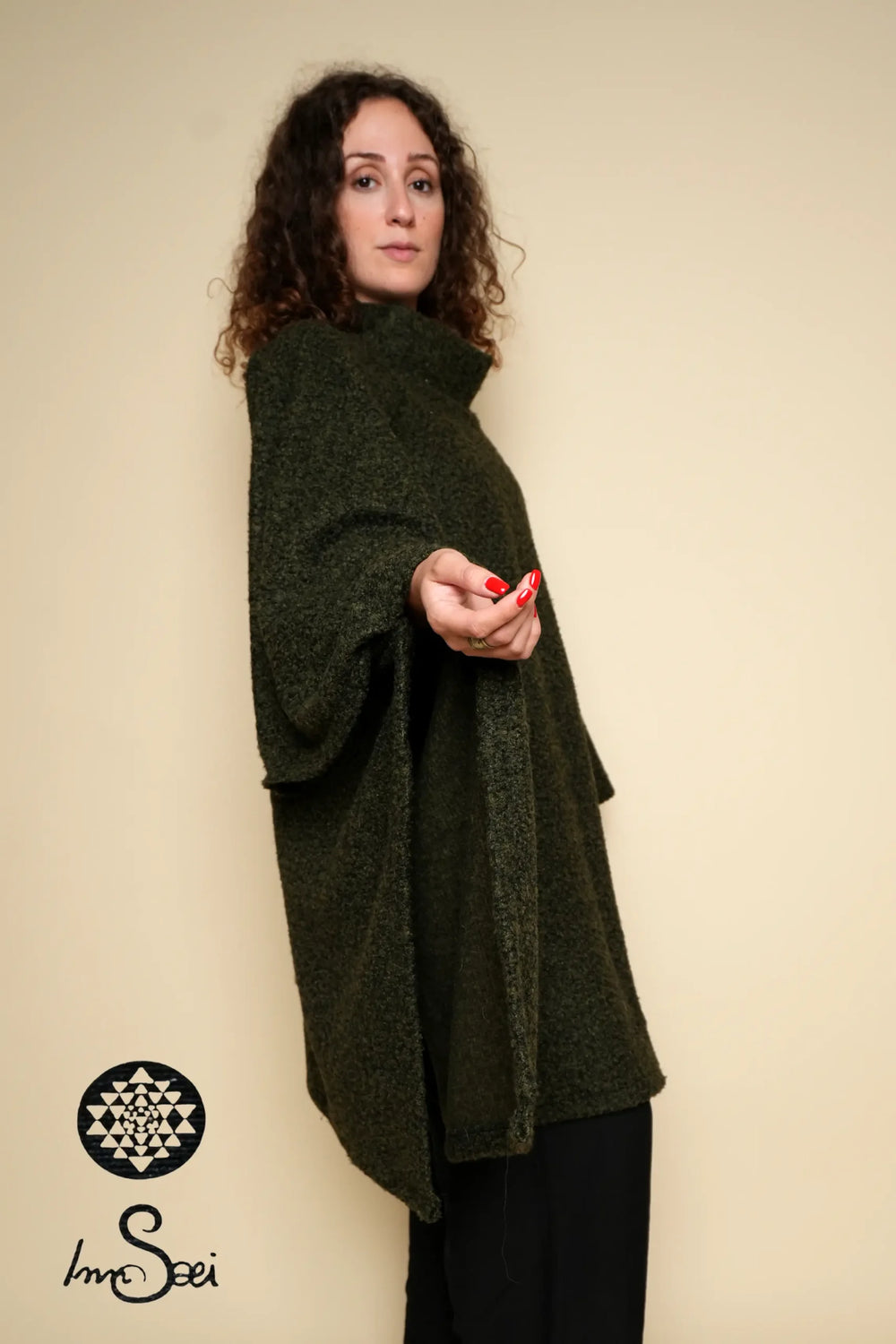 Olive High Neck Pure Cotton Poncho