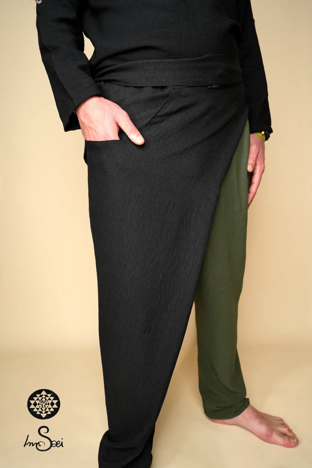 Mystic Black & Olive Tied Linen Harem Pants