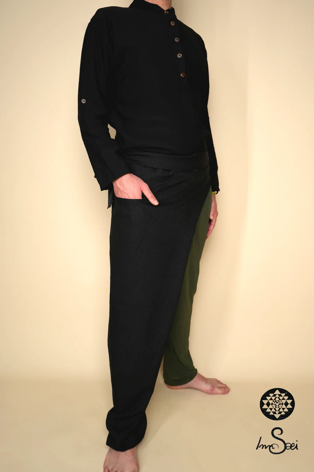 Mystic Black & Olive Tied Linen Harem Pants