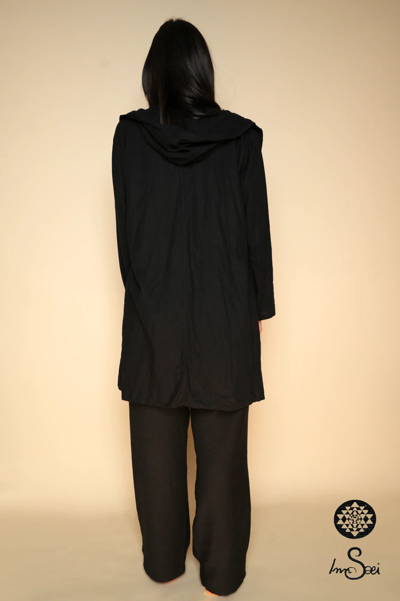 Linen Hooded Black V. Cardigan