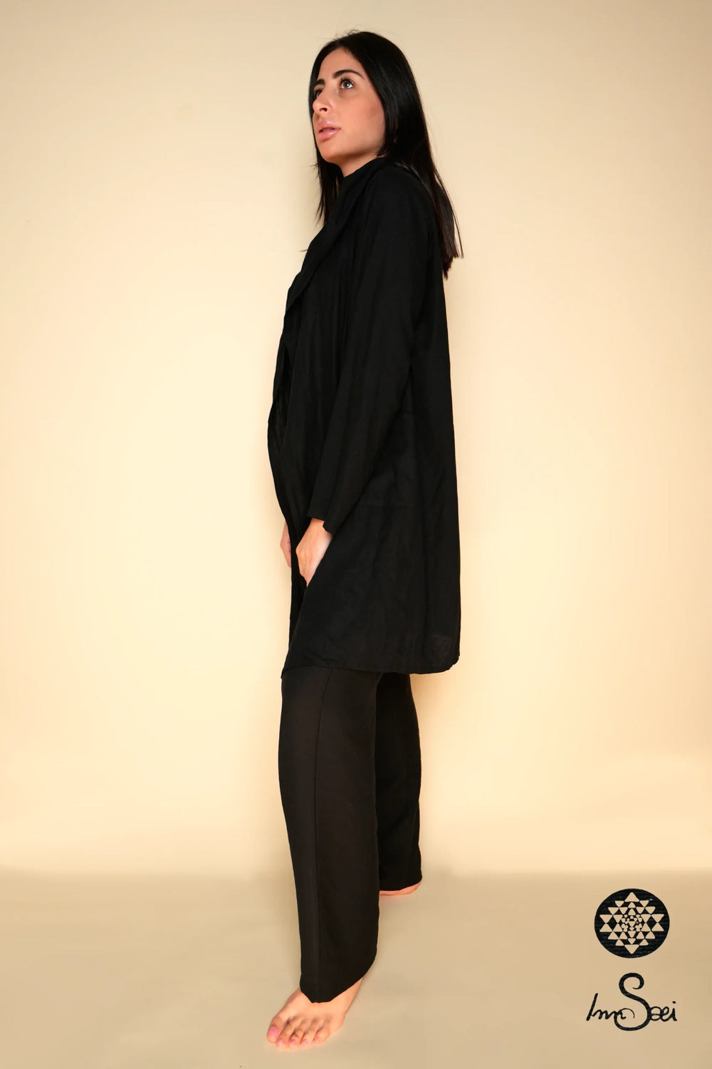 Linen Hooded Black V. Cardigan