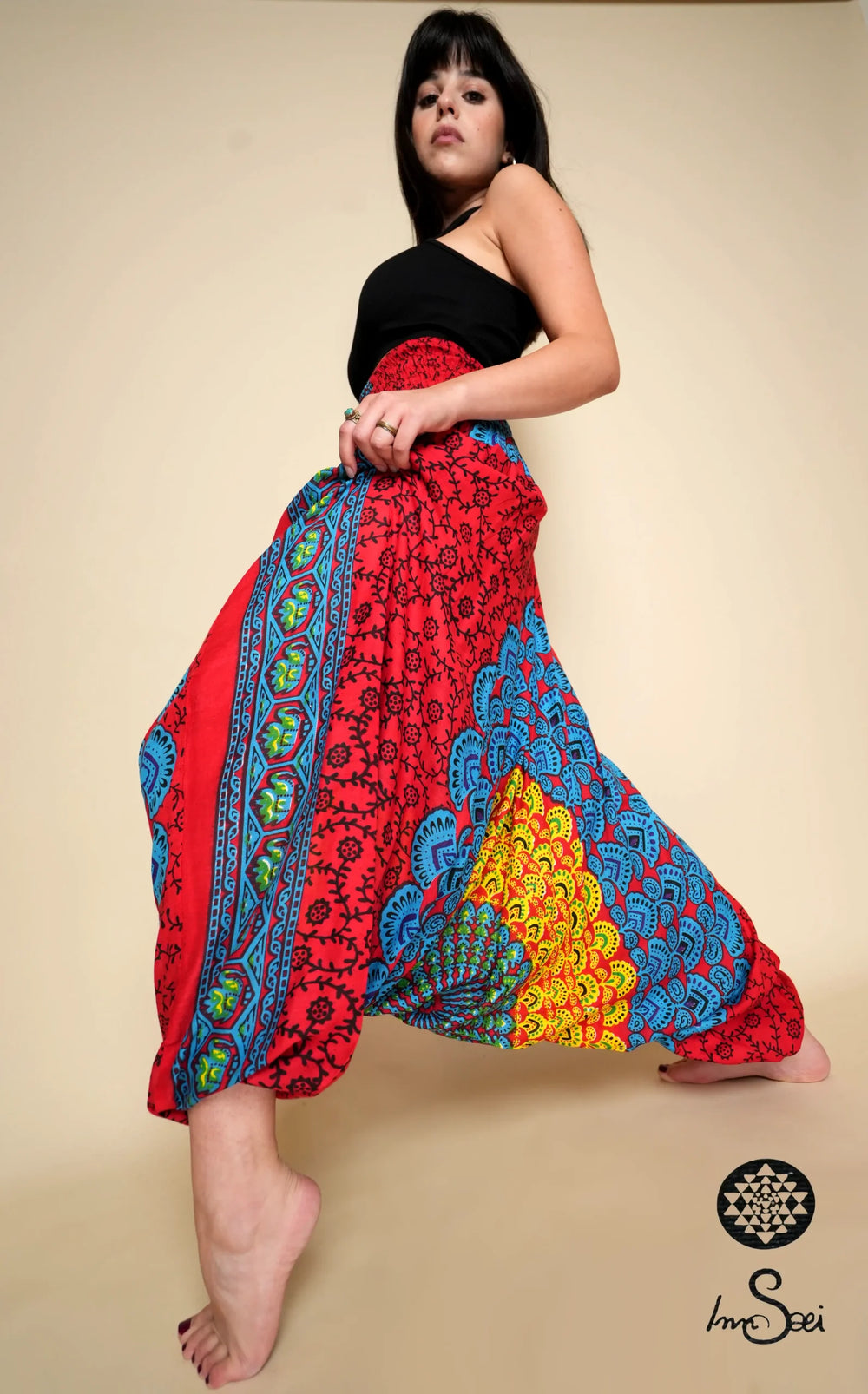 Fiery Red/Blue Cotton Printed Harem Pants