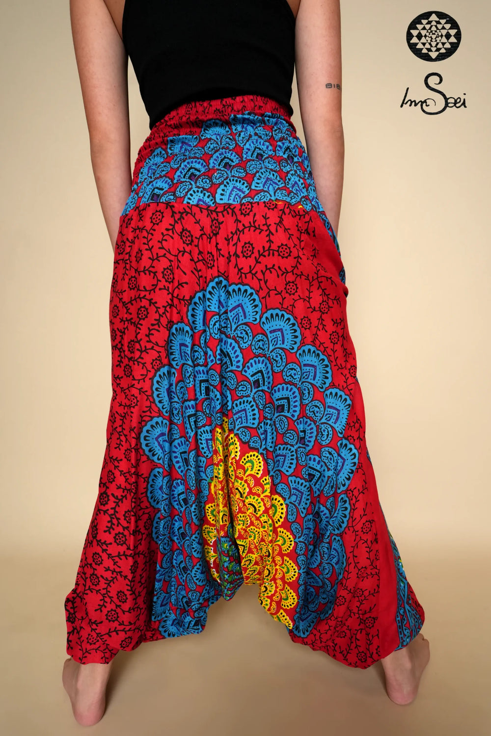 Fiery Red/Blue Cotton Printed Harem Pants
