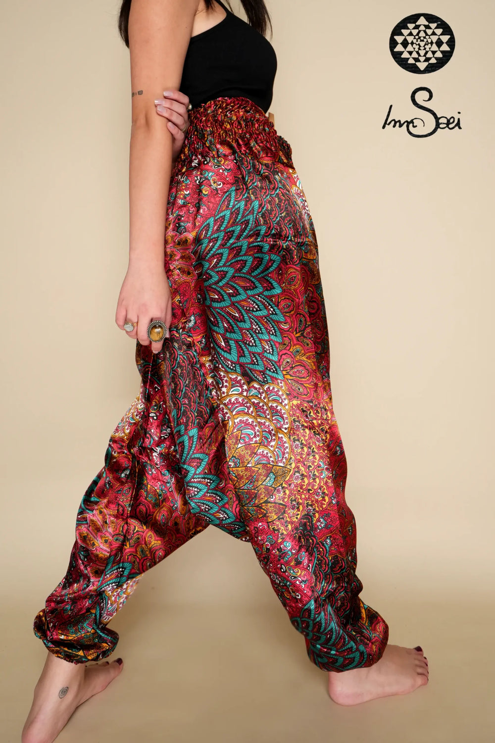 Red Silk Printed Harem Pants