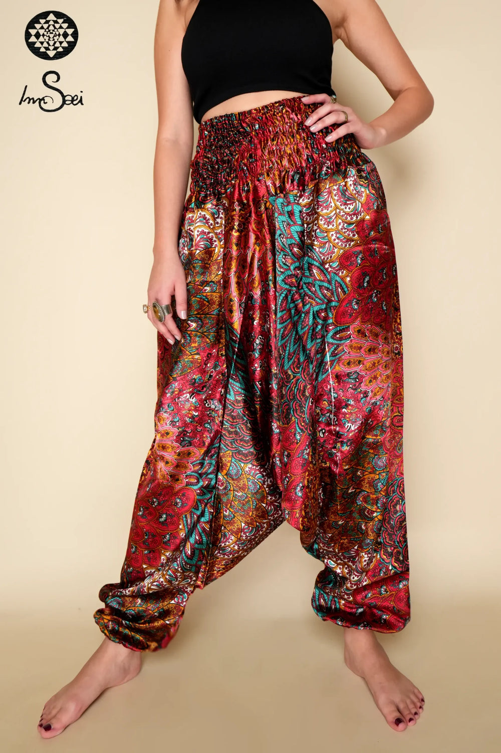 Red Silk Printed Harem Pants