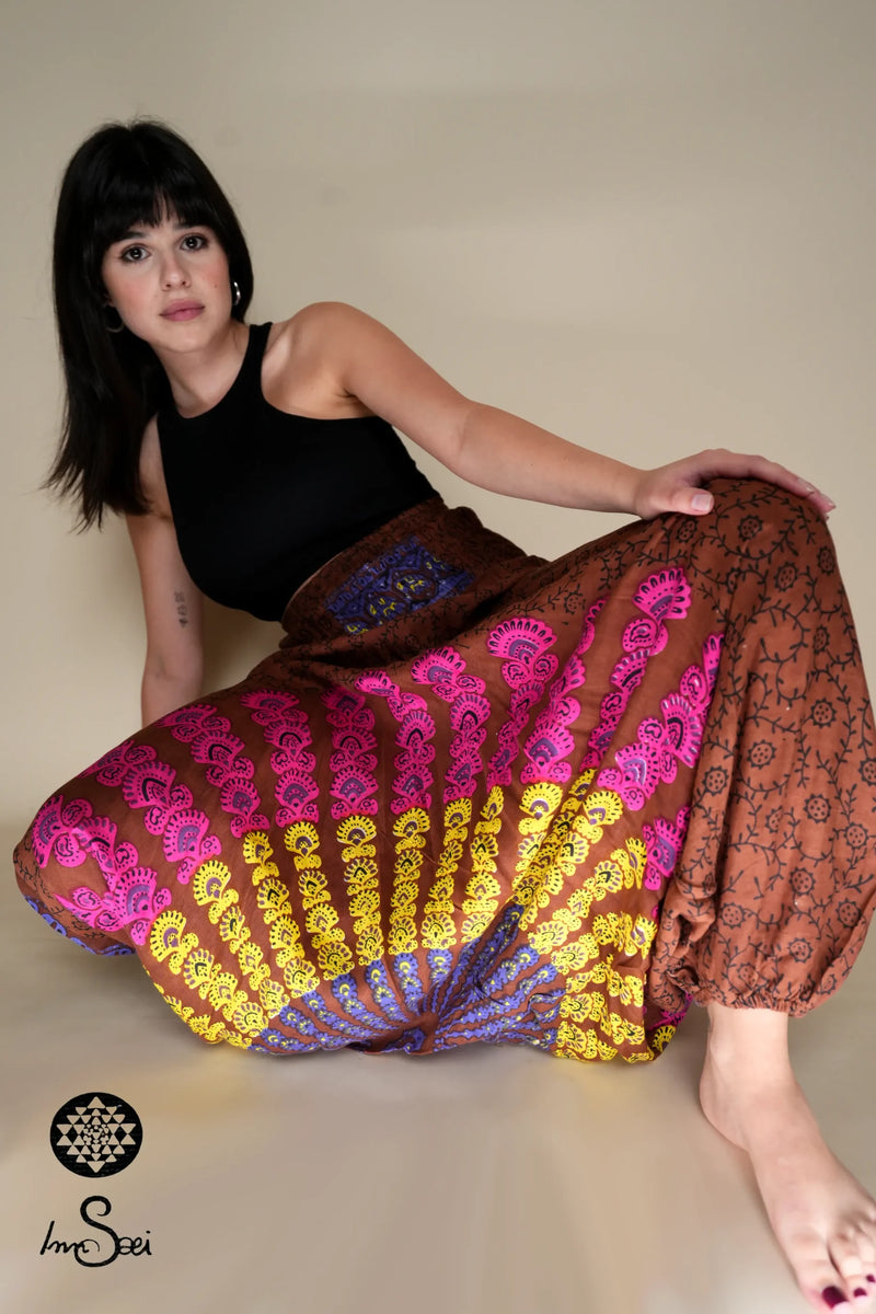 Earthy Brown Printed Cotton Harem Pants