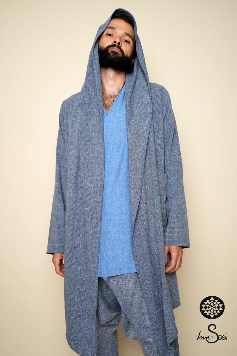 Linen M.wns Blue V-Cardigan